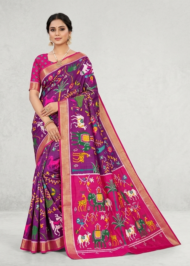 Purple Soft Fabric Saree with Multicolour Traditional Motifs Main image