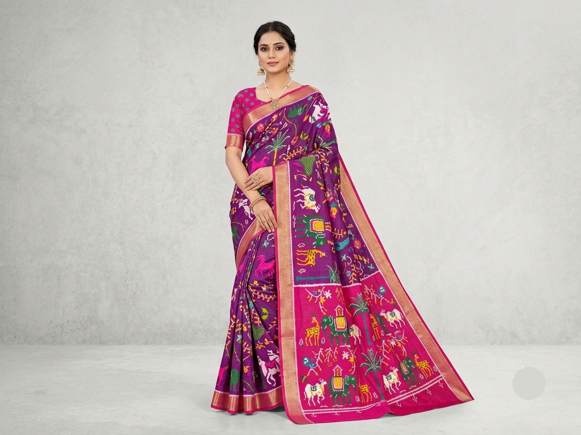 Purple Soft Fabric Saree with Multicolour Traditional Motifs