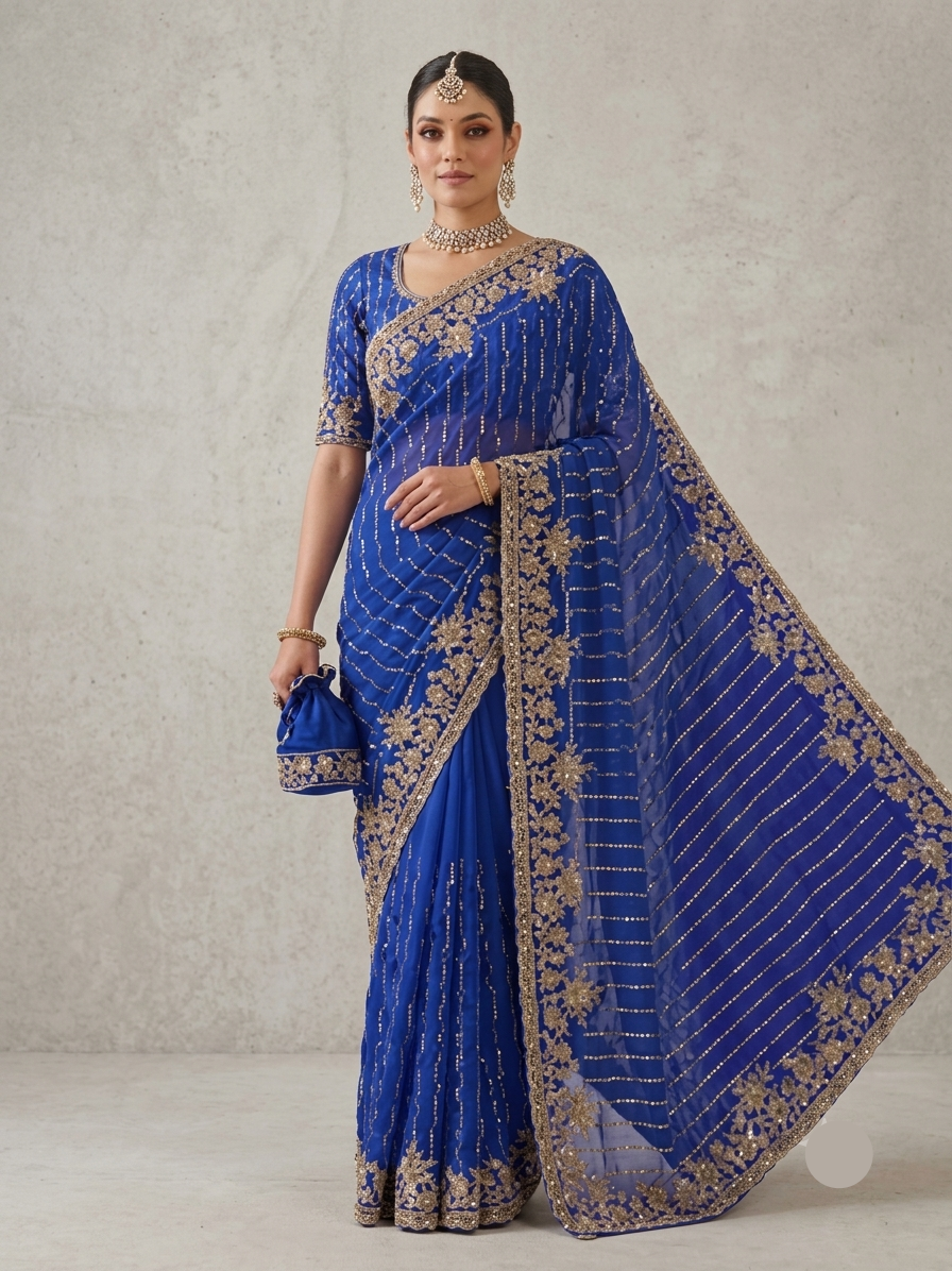 Royal Blue Jimmy Choo Saree with Golden Floral Embroidery