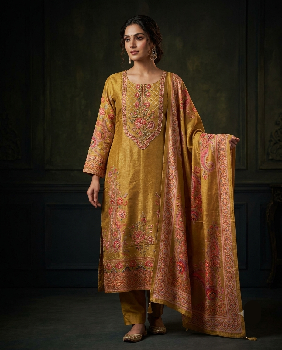 Antique Gold Silk Kurta Set with Kashmiri Paisley