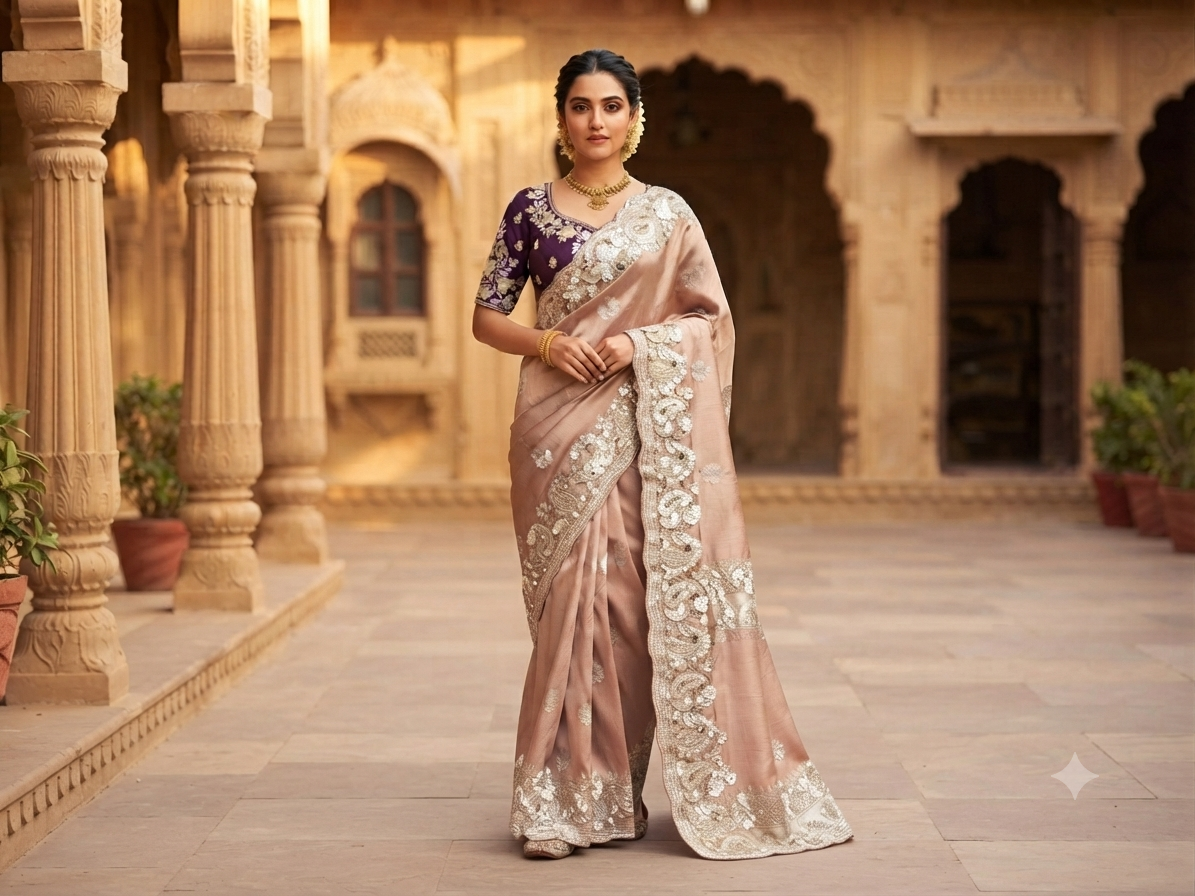 Blush Pink Floral Embroidered Saree Main image