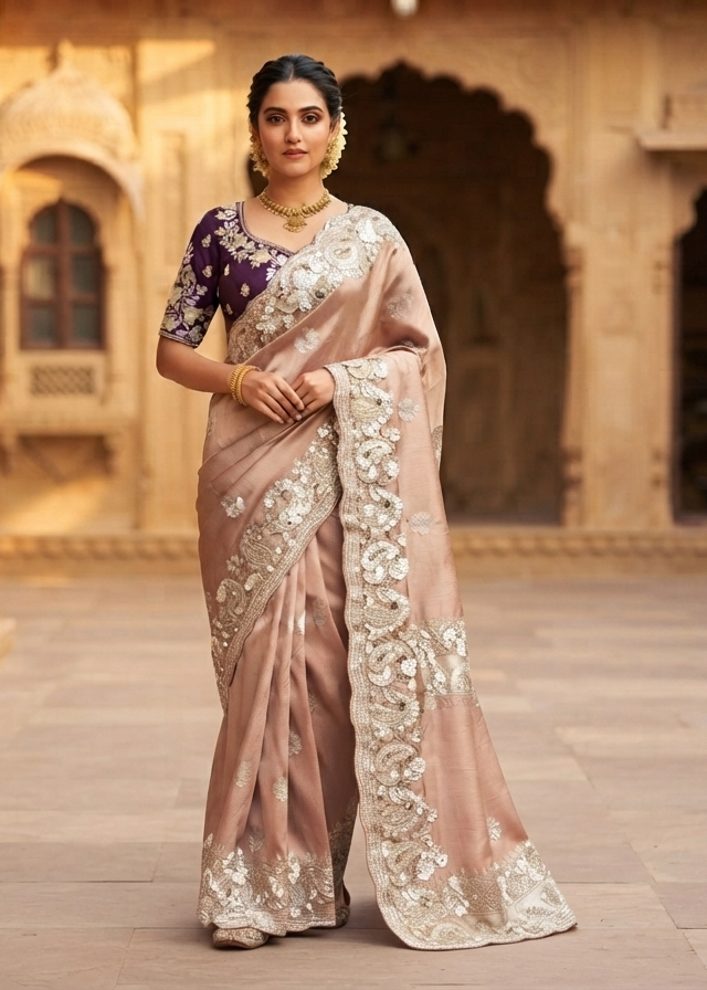Blush Pink Floral Embroidered Saree Main image