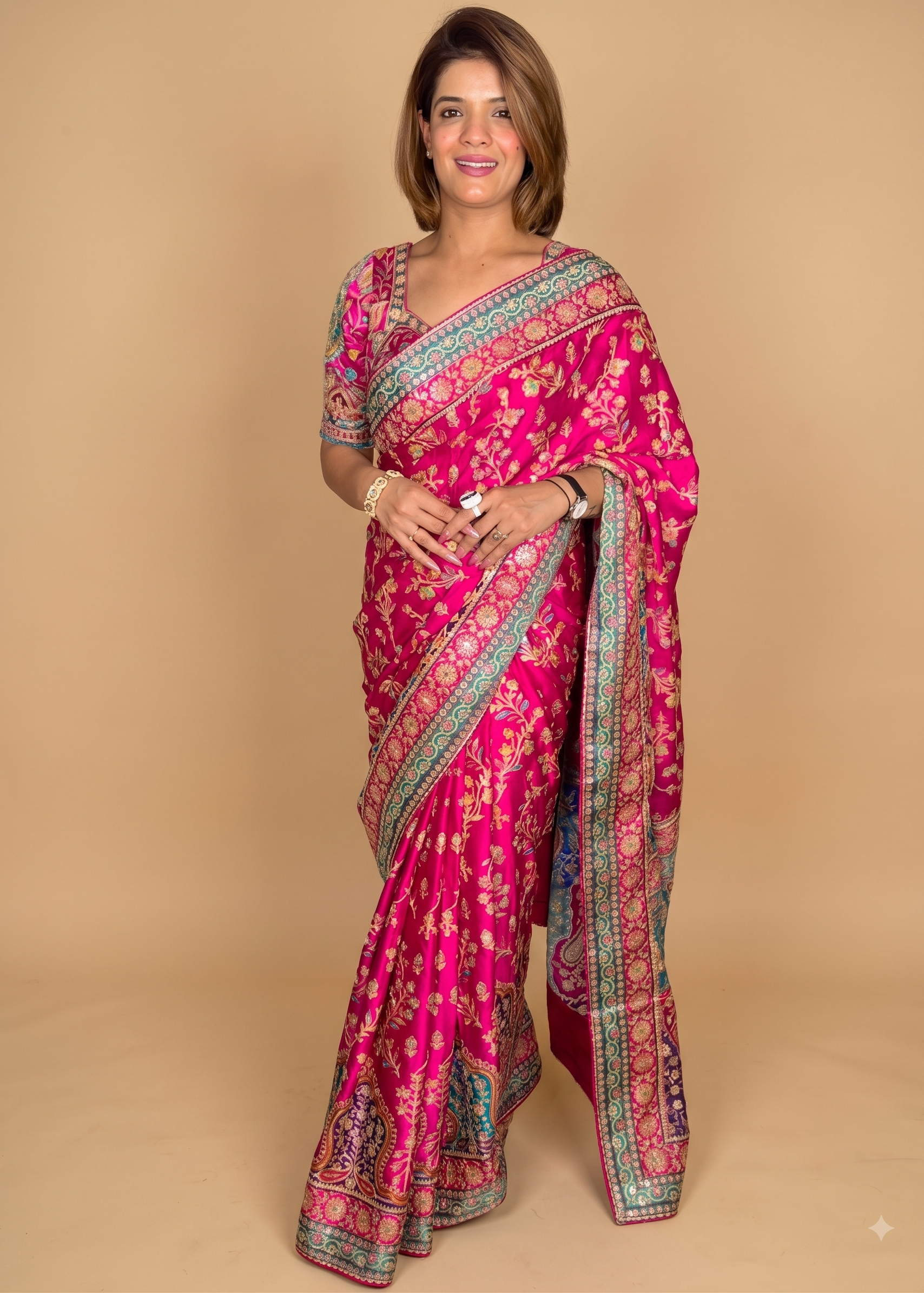 Kashmiri Paisley Rani Pink Silk Saree Main image