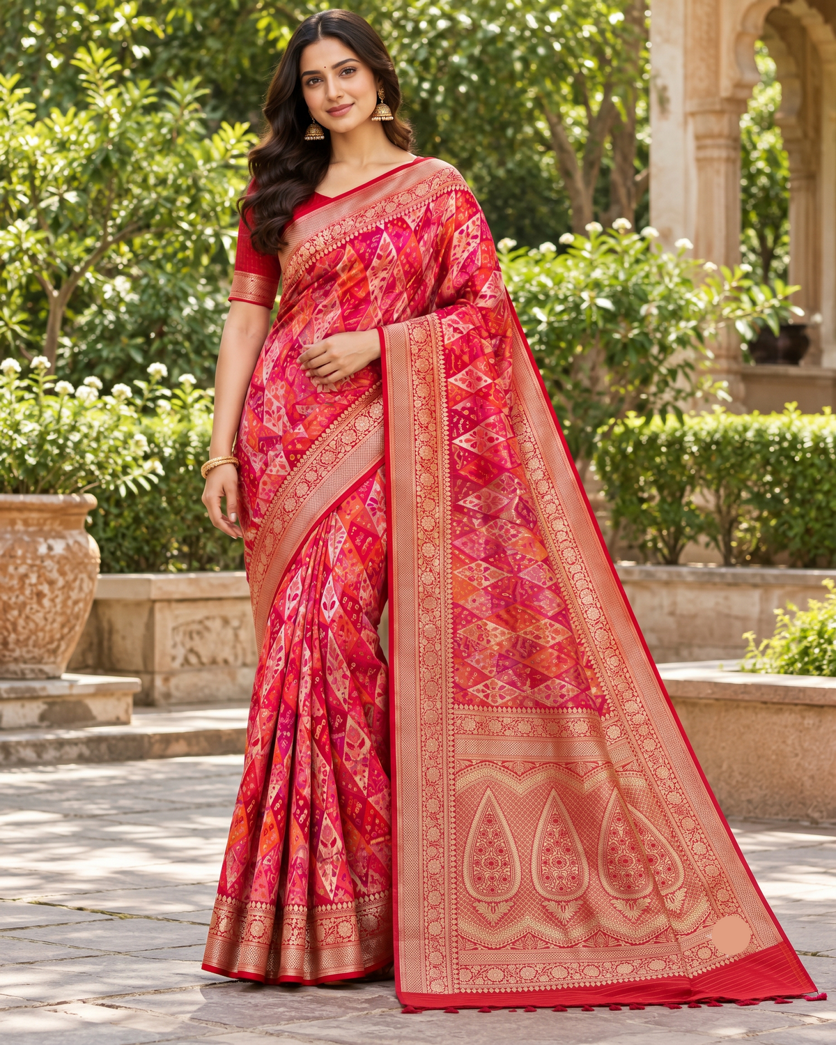 Rani Pink and Orange Patola-Style Saree with Golden Zari Border Main image