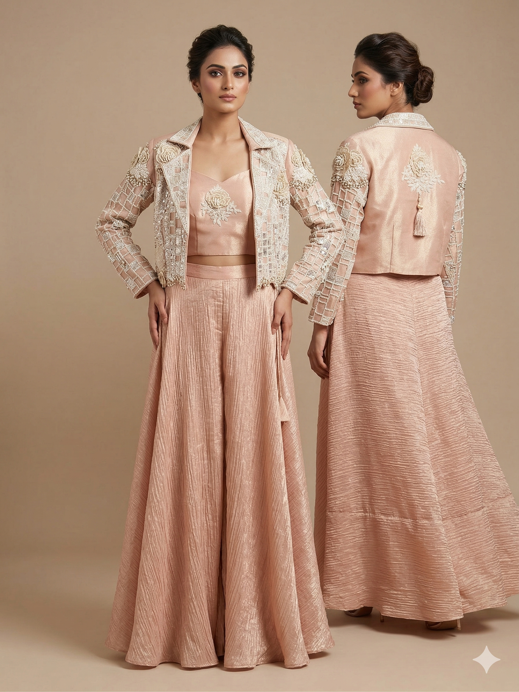 Blush Radiance Embroidered Jacket & Palazzo Set