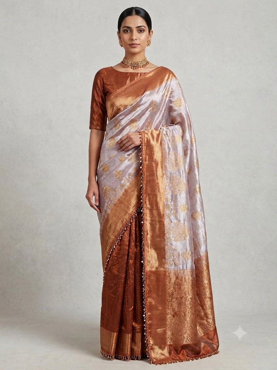 Gold Silk Saree with Floral Woven Motifs & Designer Border