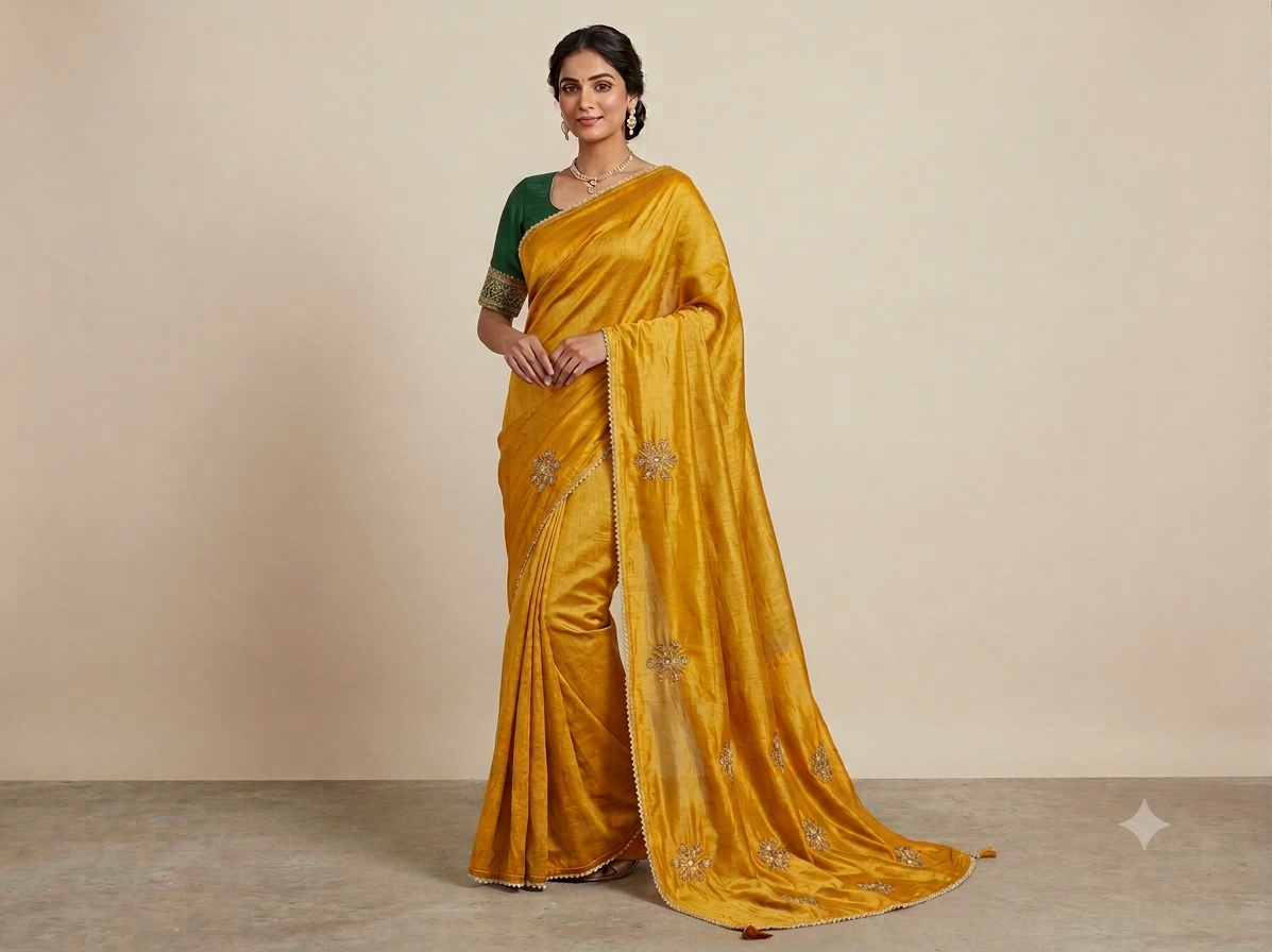 Yellow Silk Saree with Subtle Floral Embellishments