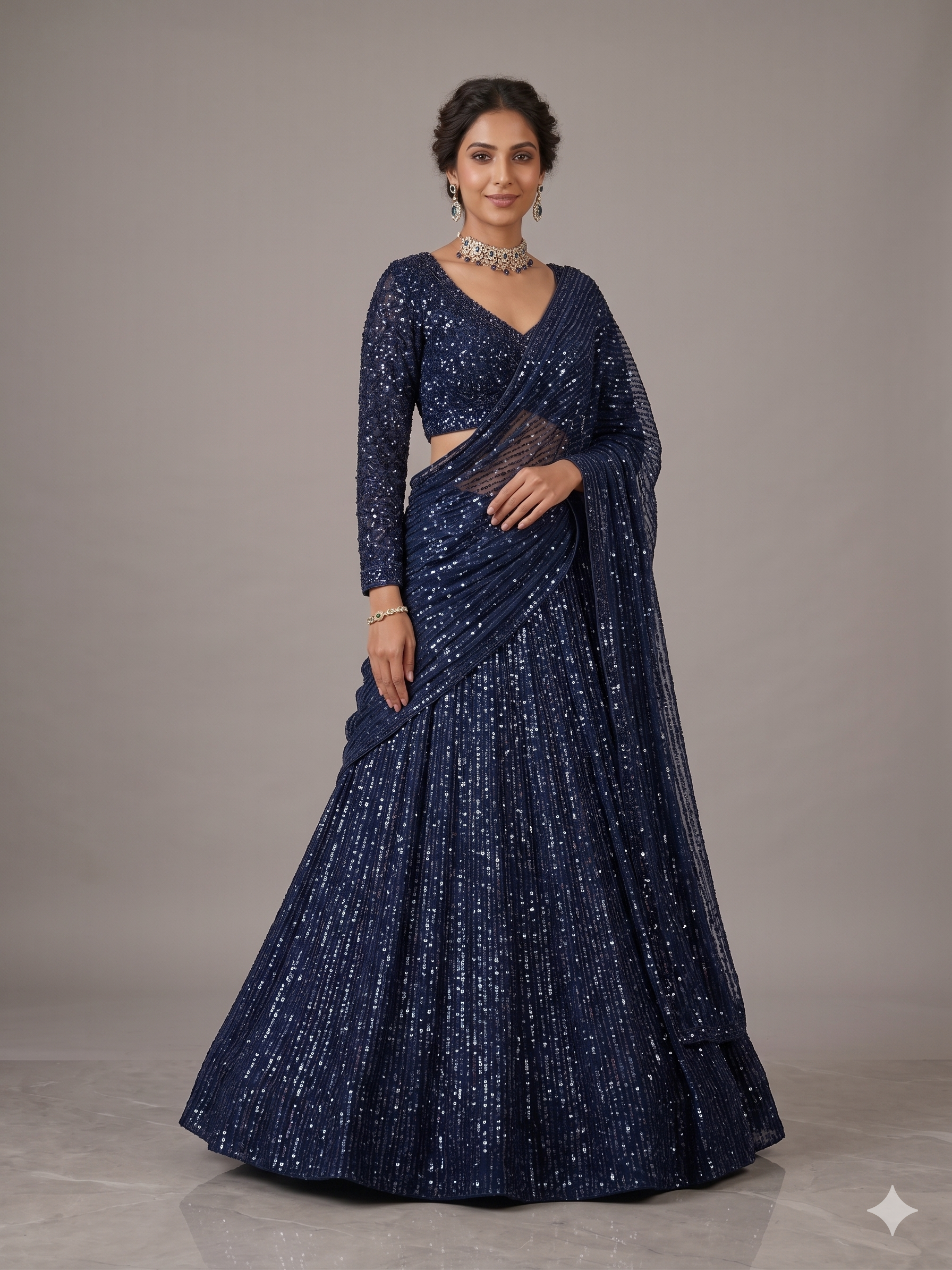 Deep Navy Blue All-Over Sequin Lehenga