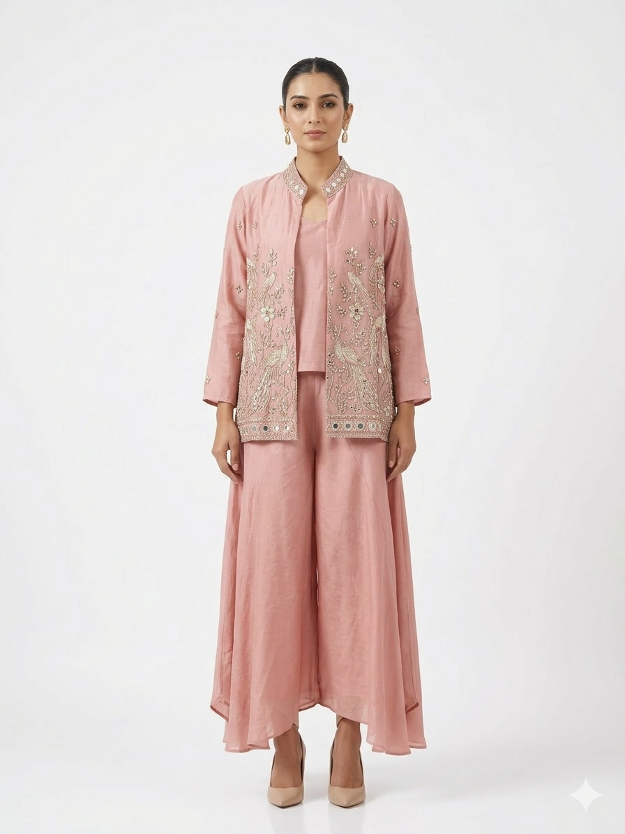 Buy Pink Three-Piece Co-ord Set with Embroidered Jacket & Palazzos Main image