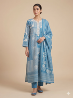 Cerulean Blue Patchwork Print Kurta Set