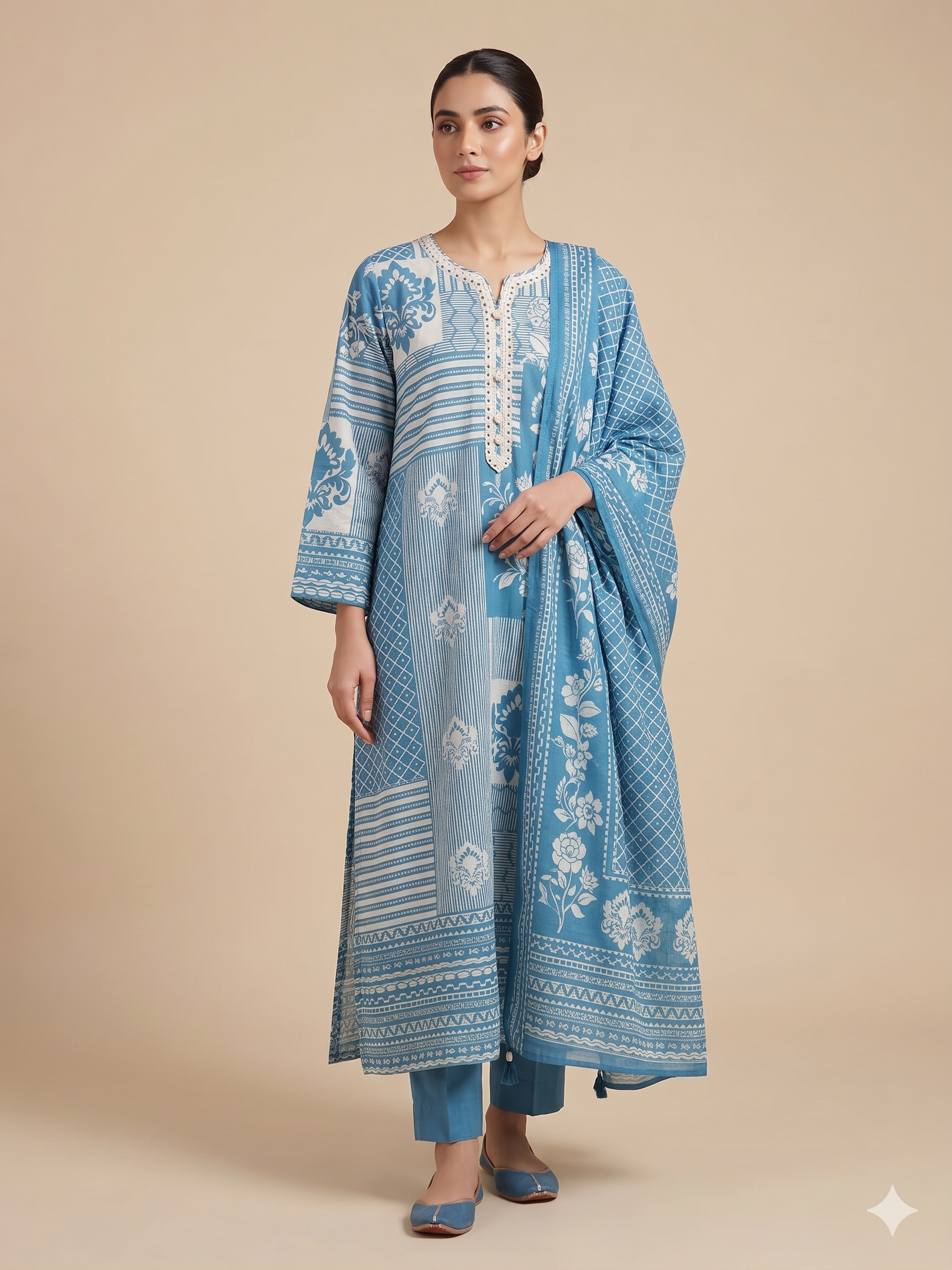 Cerulean Blue Patchwork Print Kurta Set