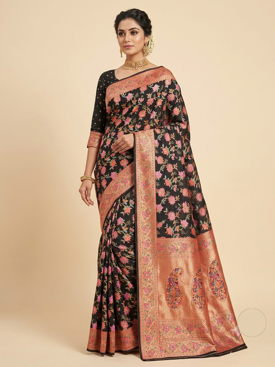 Black Silk Saree with Floral Design and Traditional Paisley Pallu