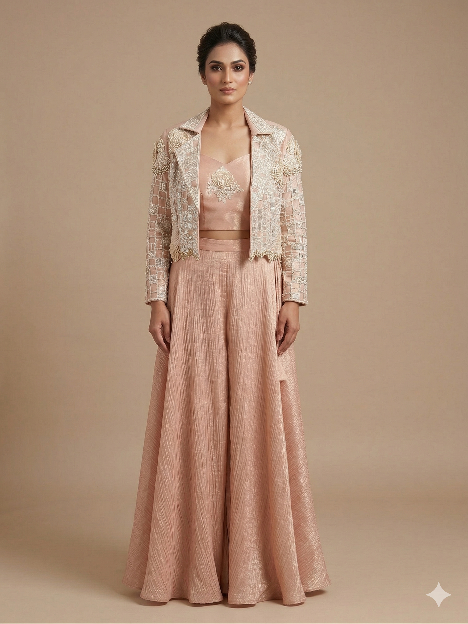 Blush Radiance Embroidered Jacket & Palazzo Set