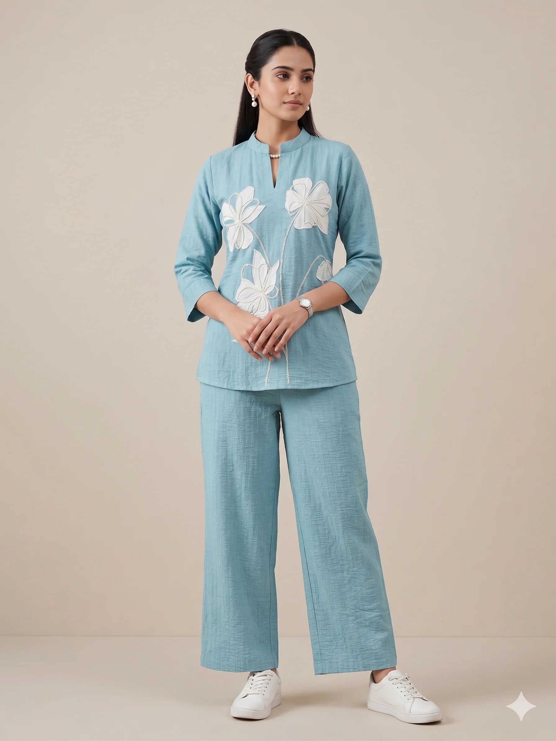 Applique Floral Linen Co-ord Set Main image