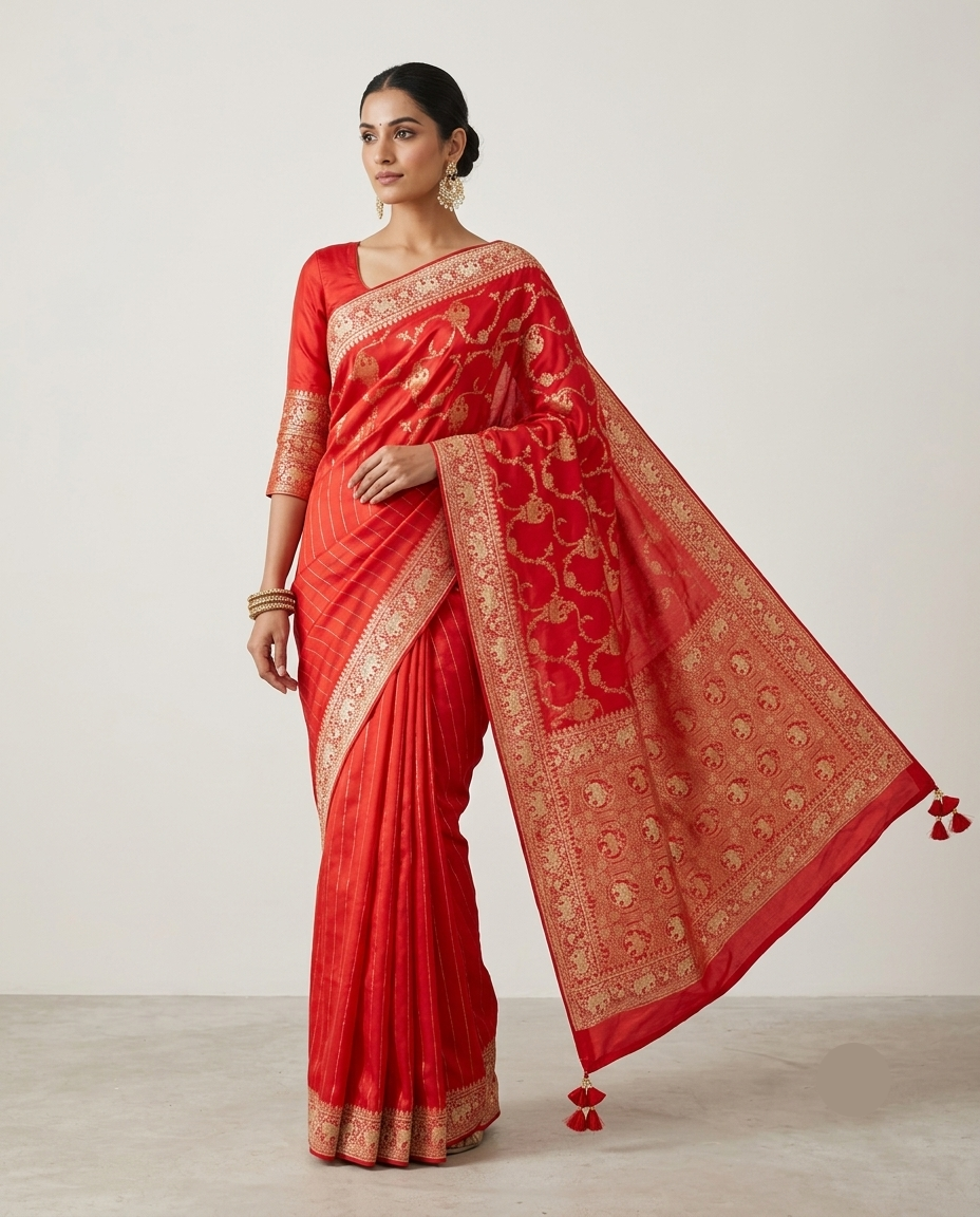 Red Soft Saree with Traditional Gold Woven Work Main image