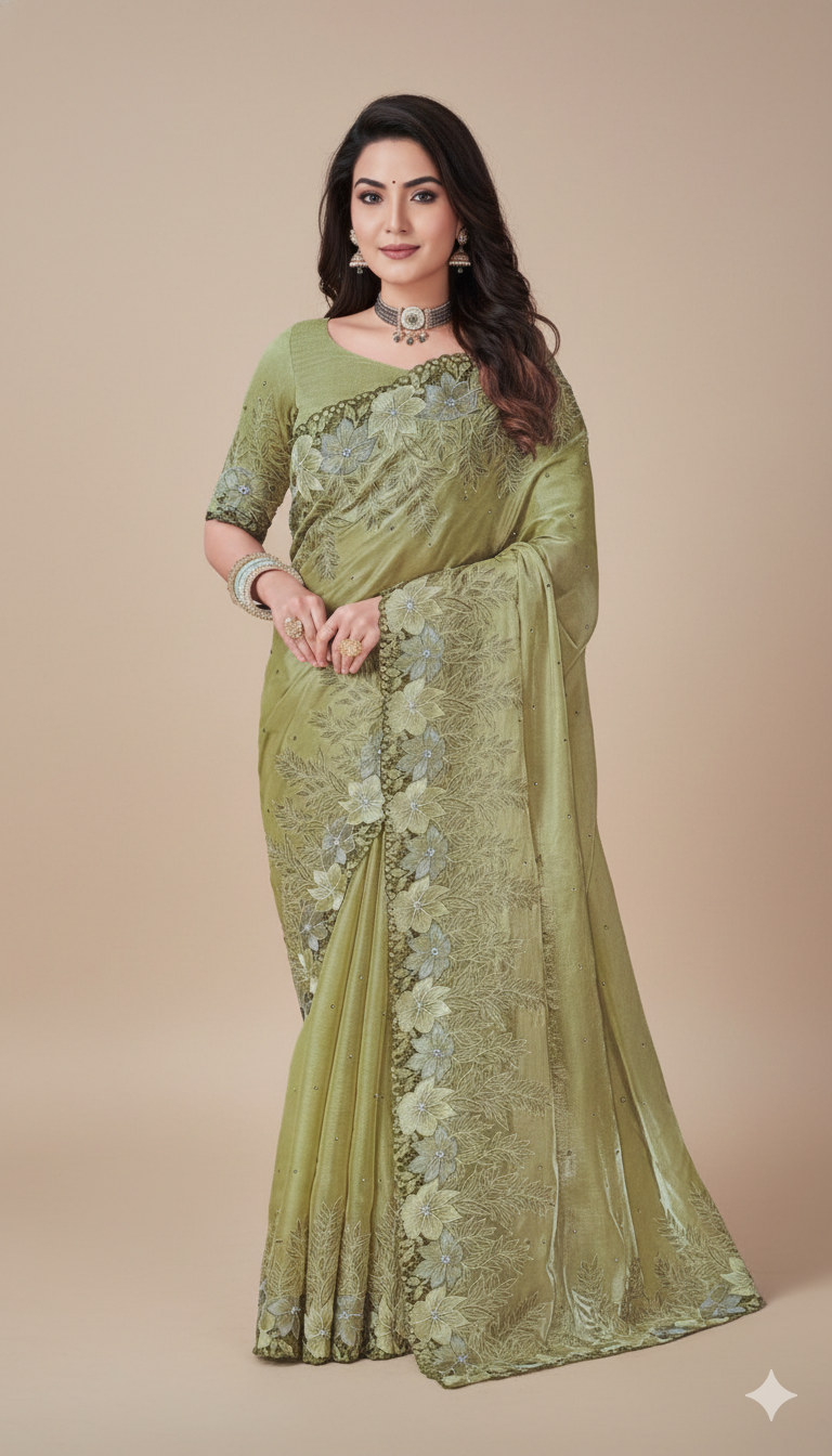 Elegant Sage Green Organza Saree
