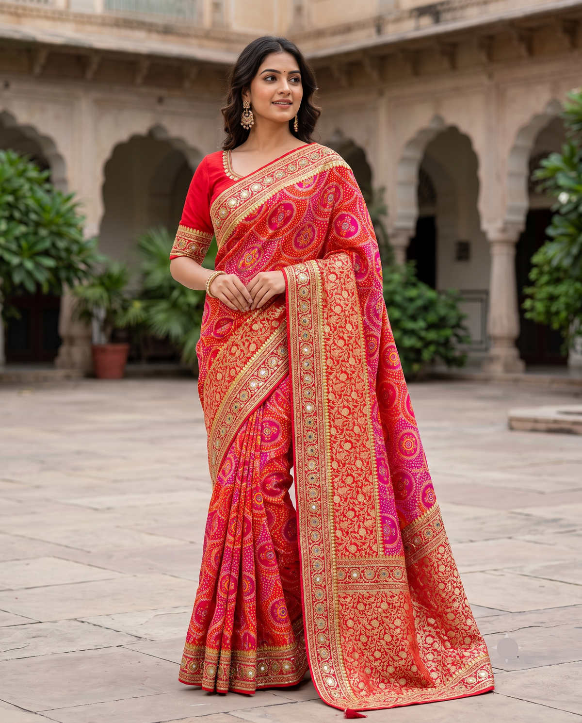 Red and Rani Pink Bandhani-Style Saree with Golden Zari Border Main image