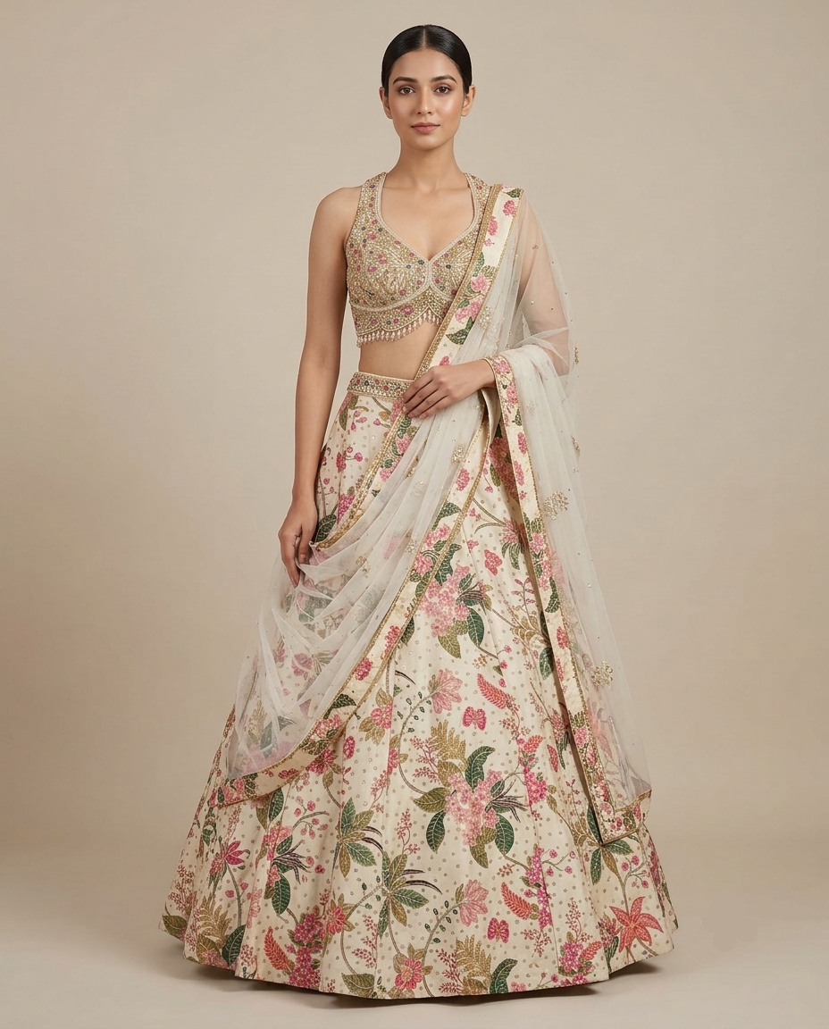Ivory Floral Printed and Embellished Lehenga