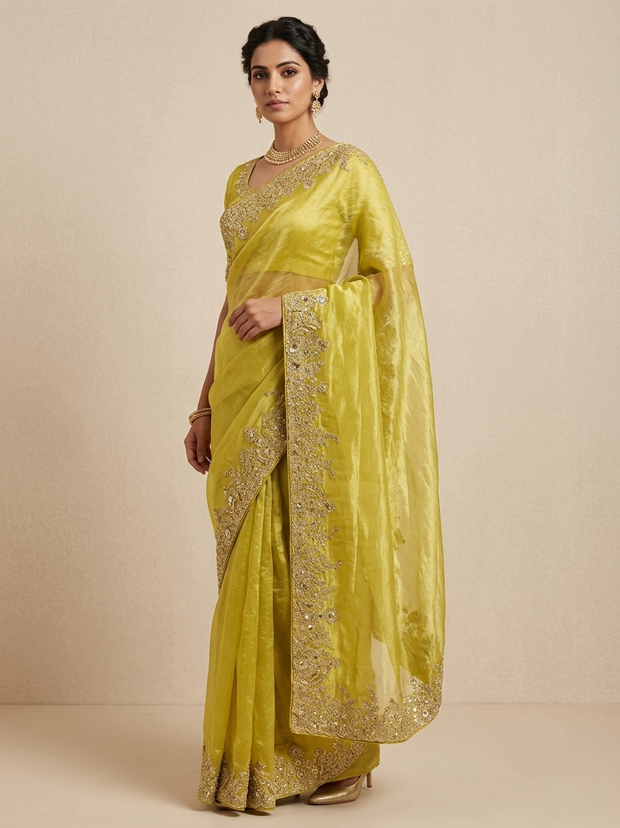 Elegant Lemon Yellow Organza Saree with Golden Embroidered Border
