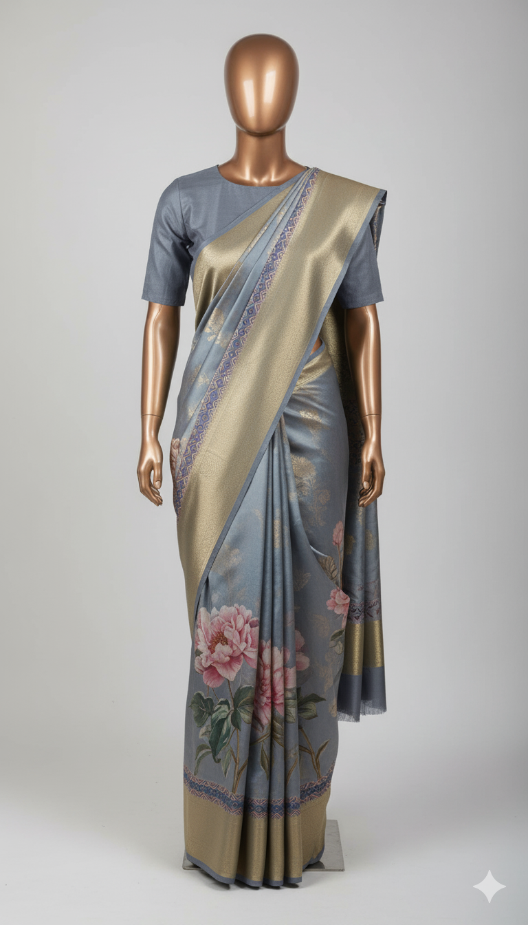 Porcelain Peony Digital Print Saree (KIA GS-18)