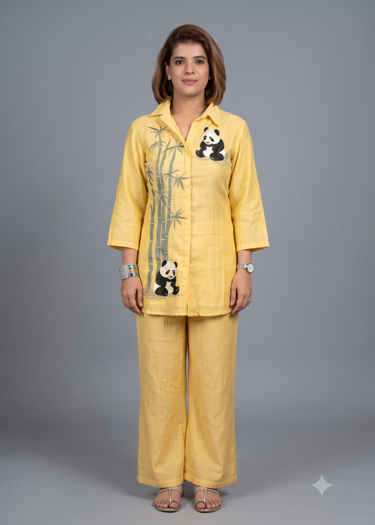 Hand-Embroidered Panda & Bamboo Motifs Co-ord Set