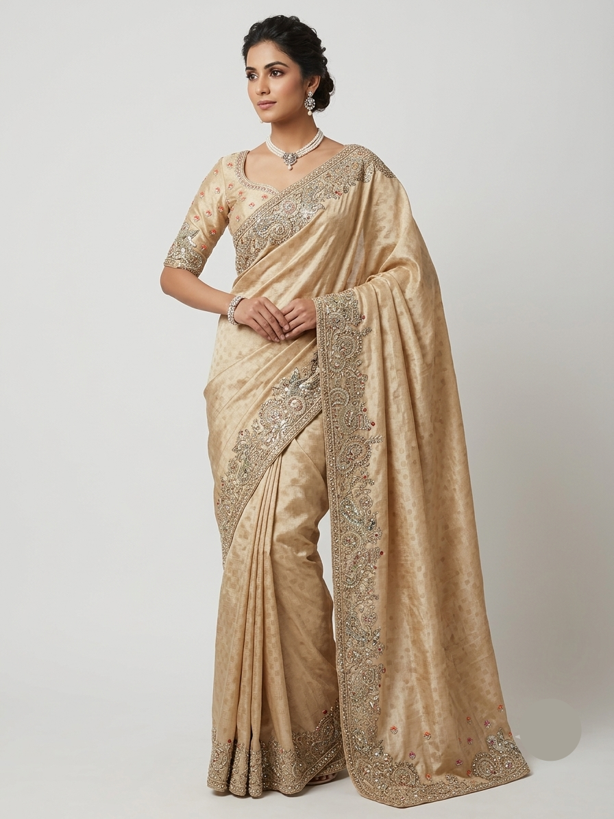 Beige Silk Saree with Heavy Embellished Paisley Border Main image