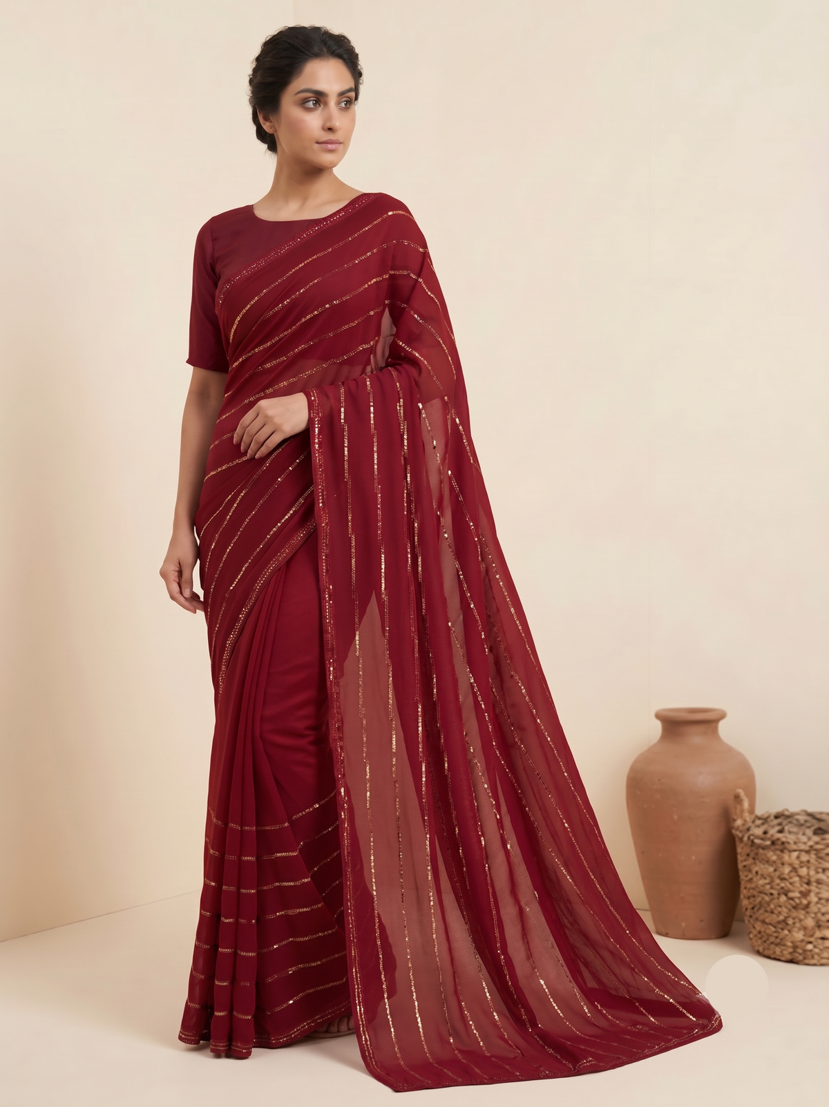 Maroon Soft Saree with Shimmering Stripes and Elegant Border Main image