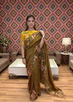 Olive Green Floral Silk Saree