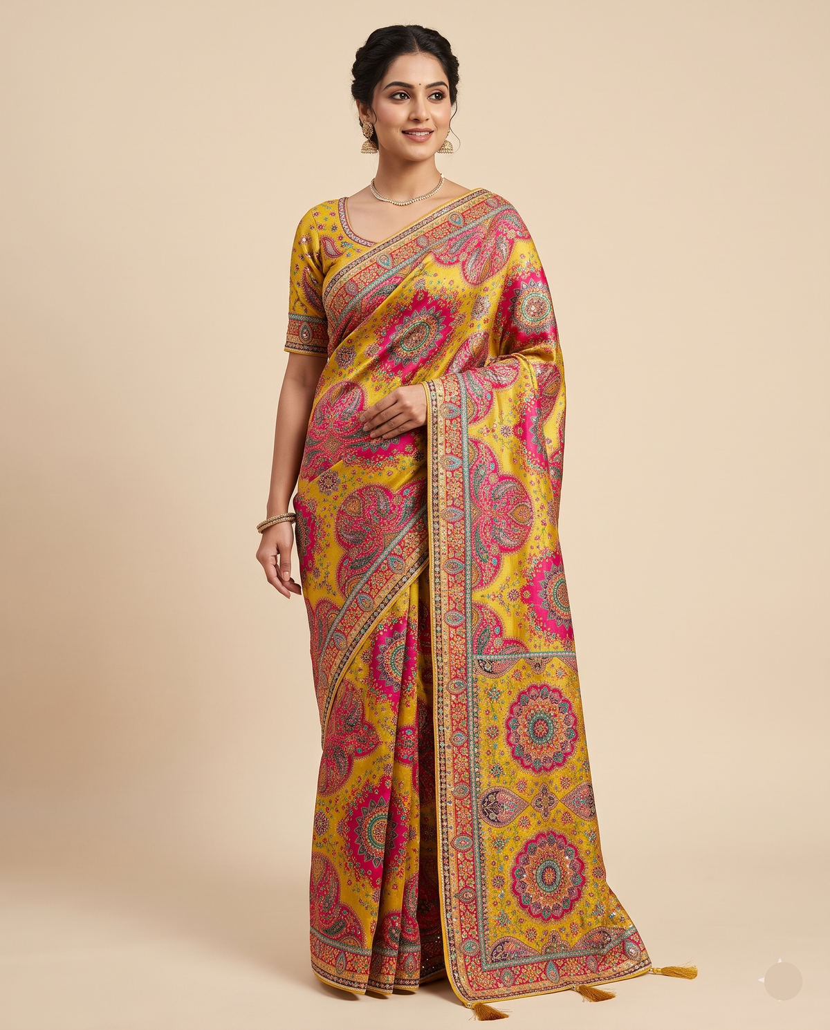 Mustard Yellow & Rani Pink Paithani-Inspired Silk Saree Main image