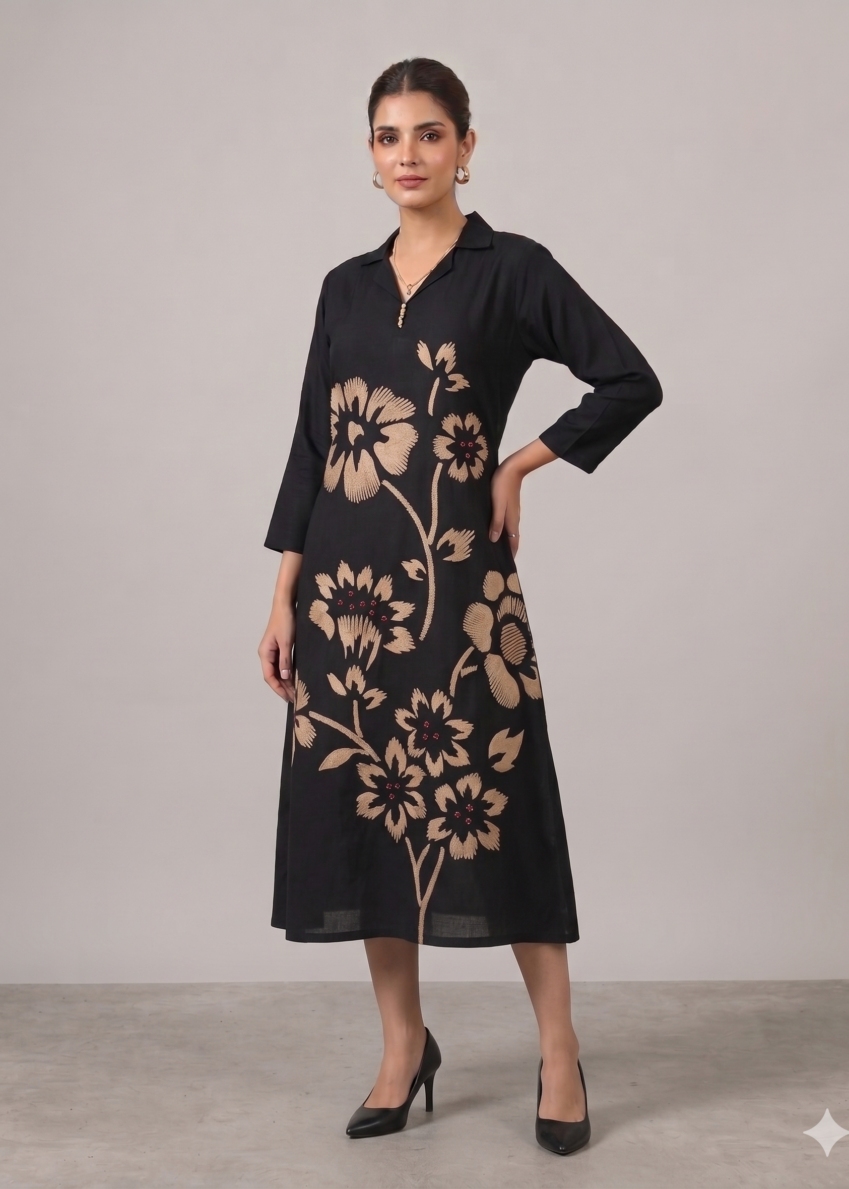 Artisanal Jet Black Linen A-Line Midi Dress