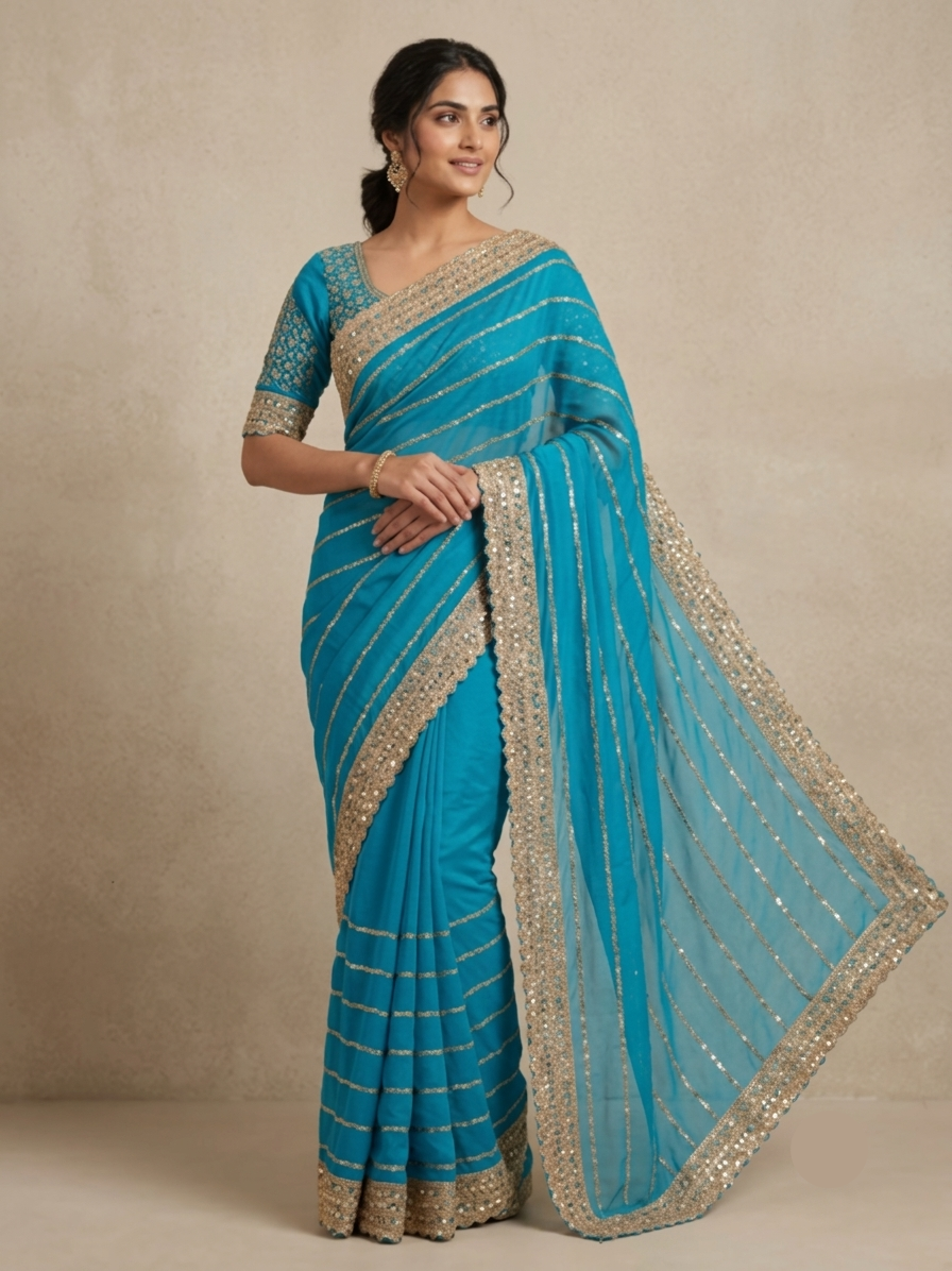 Turquoise Blue Silk Saree with Golden Stripes