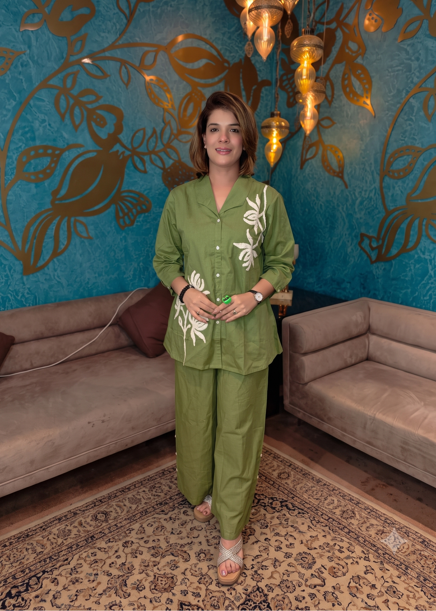 Olive Green Floral Embroidered Co-Ord Set Main image