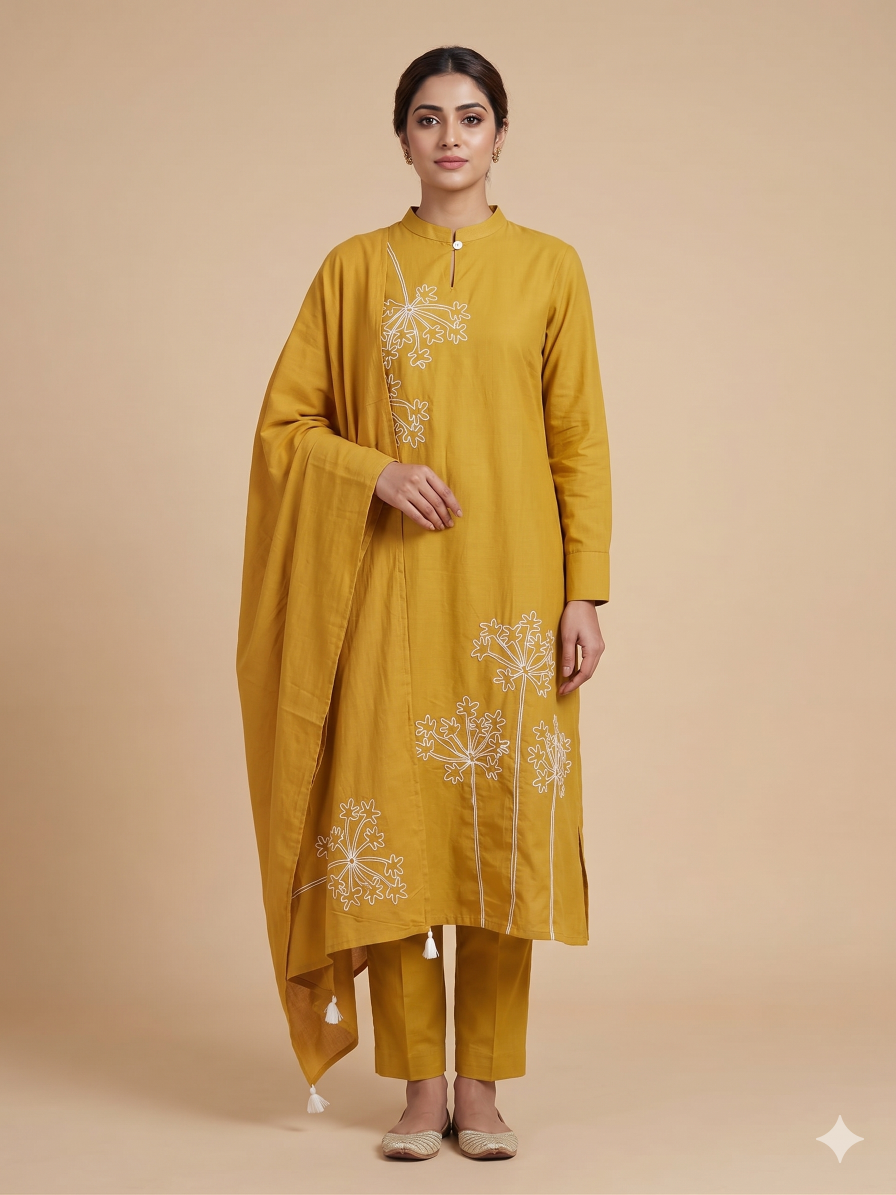 Mustard Floral Embroidered Kurta Set