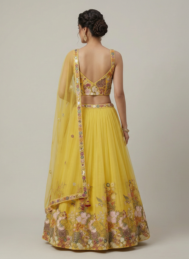 Floral Hand-Embroidered Tulle Lehenga