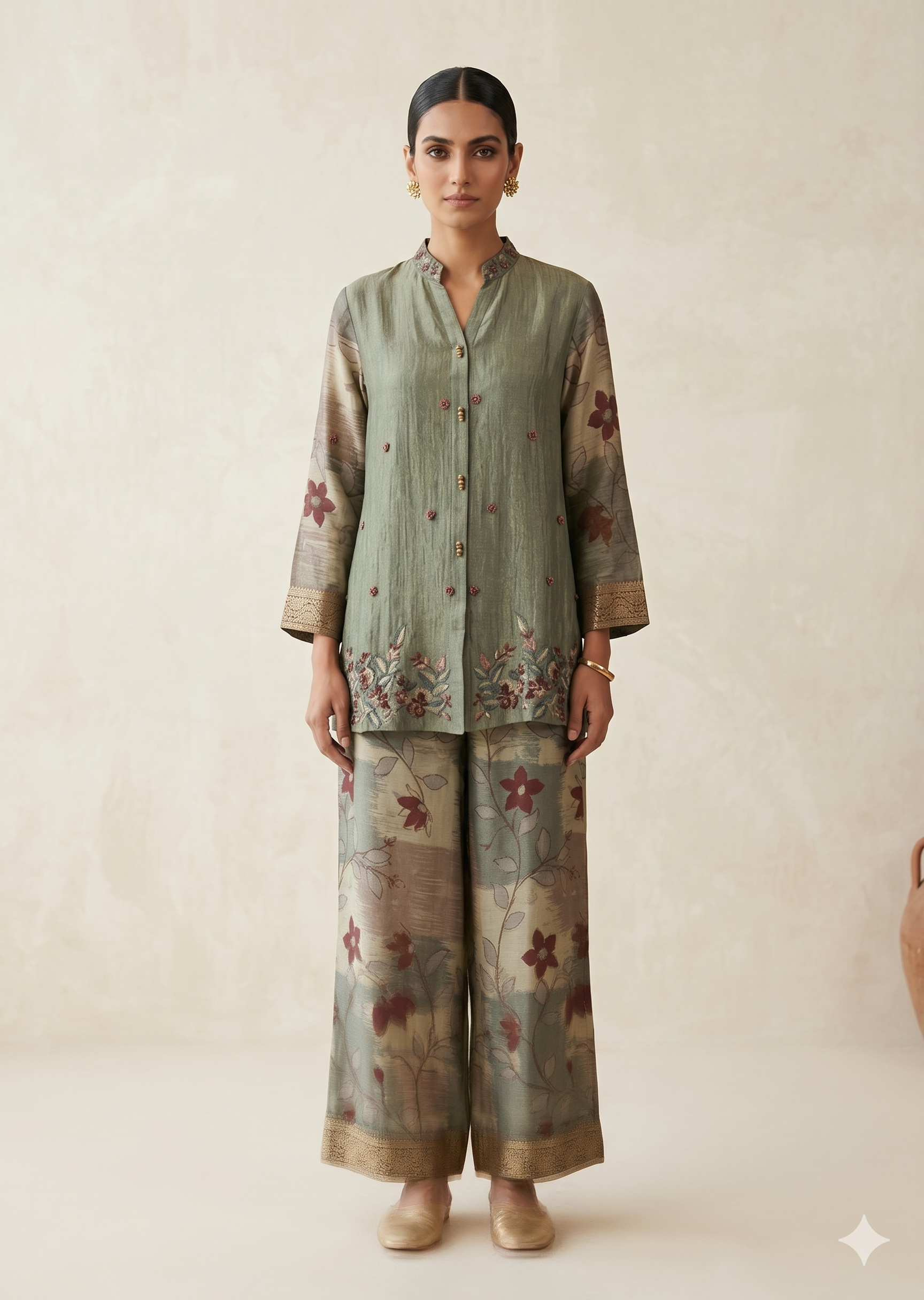 Sage Earth botanical Printed Tussar Silk Co-ord Kurti Set