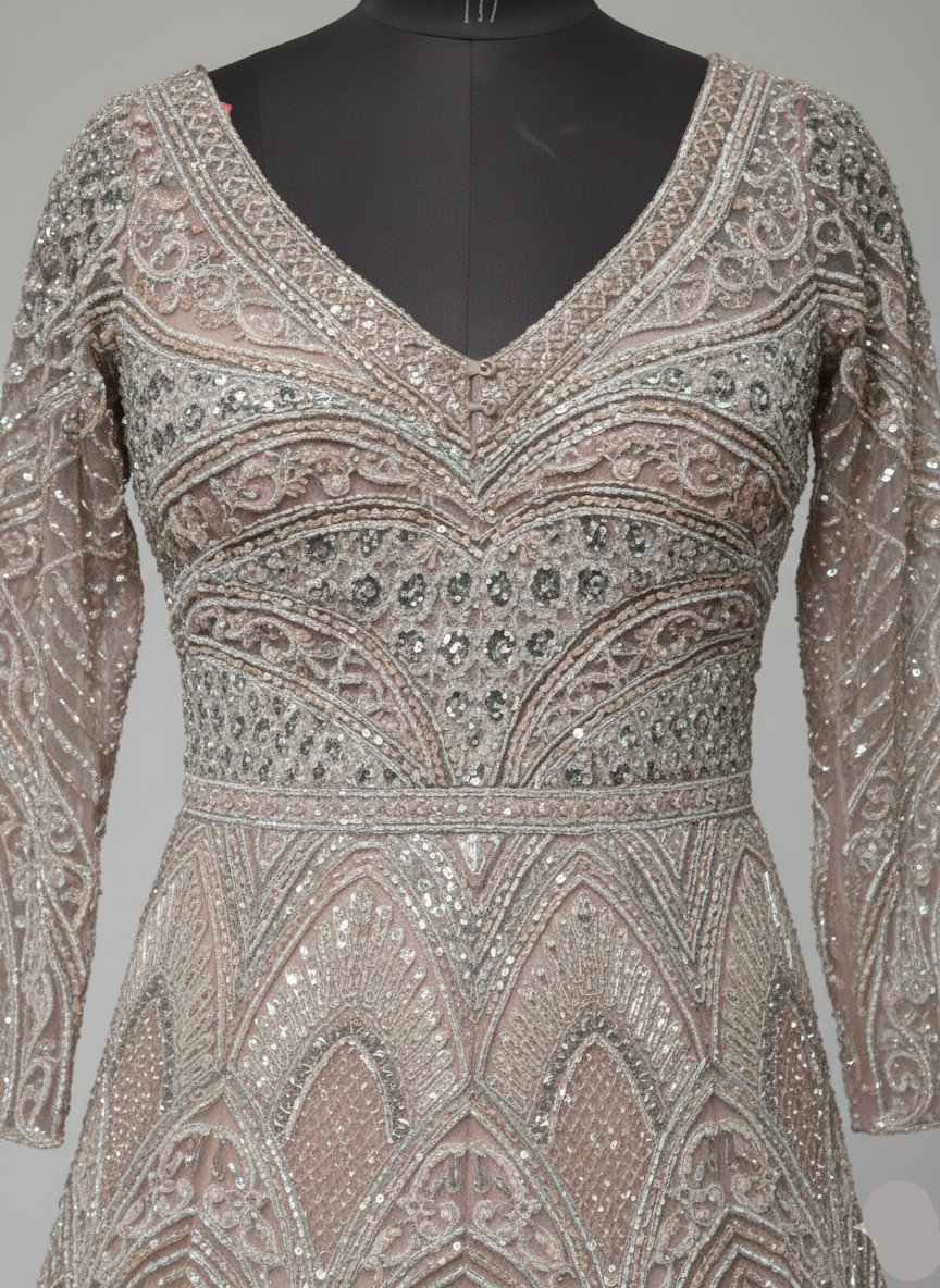Champagne and Silver Gown with Art Deco Embellishment (DC-252624 D-56)