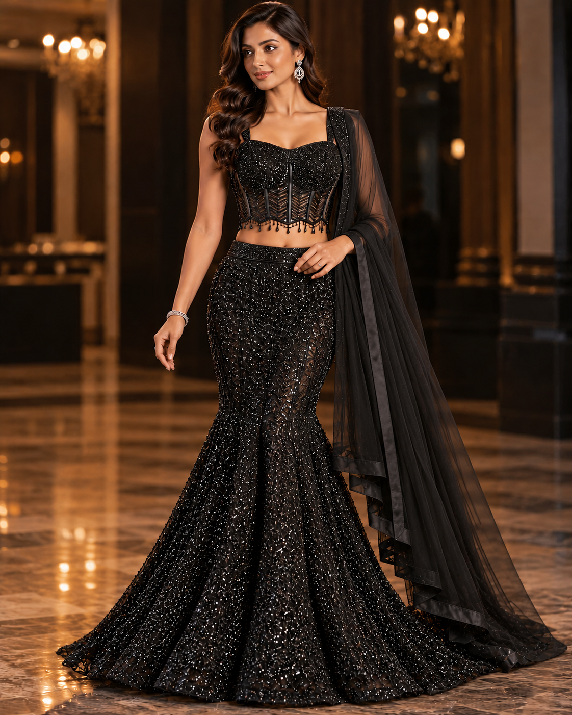 Glamorous Black Sequin Mermaid Designer Lehenga