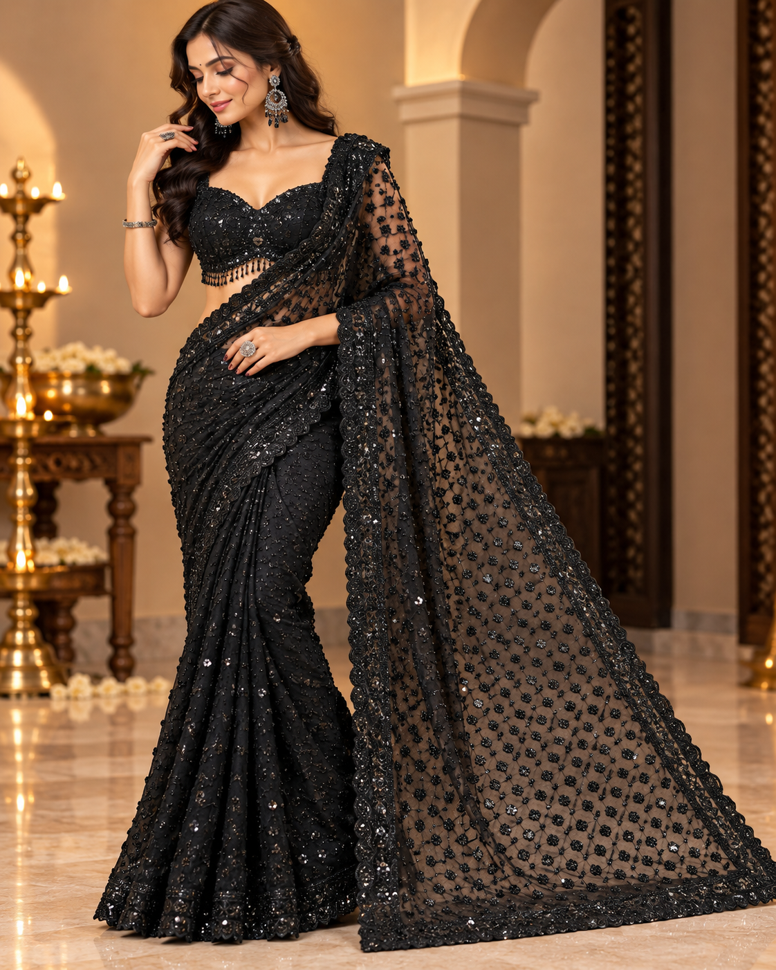 Elegant Black Embellished Georgette Saree