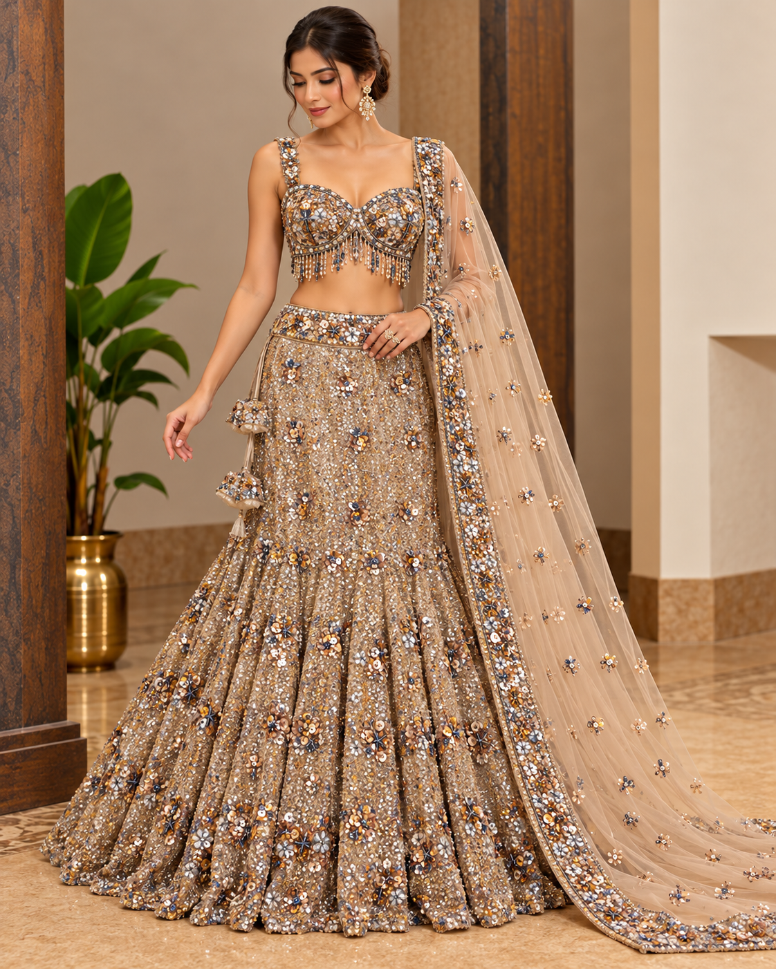 Gold Sequin Floral Lehenga Set Main image