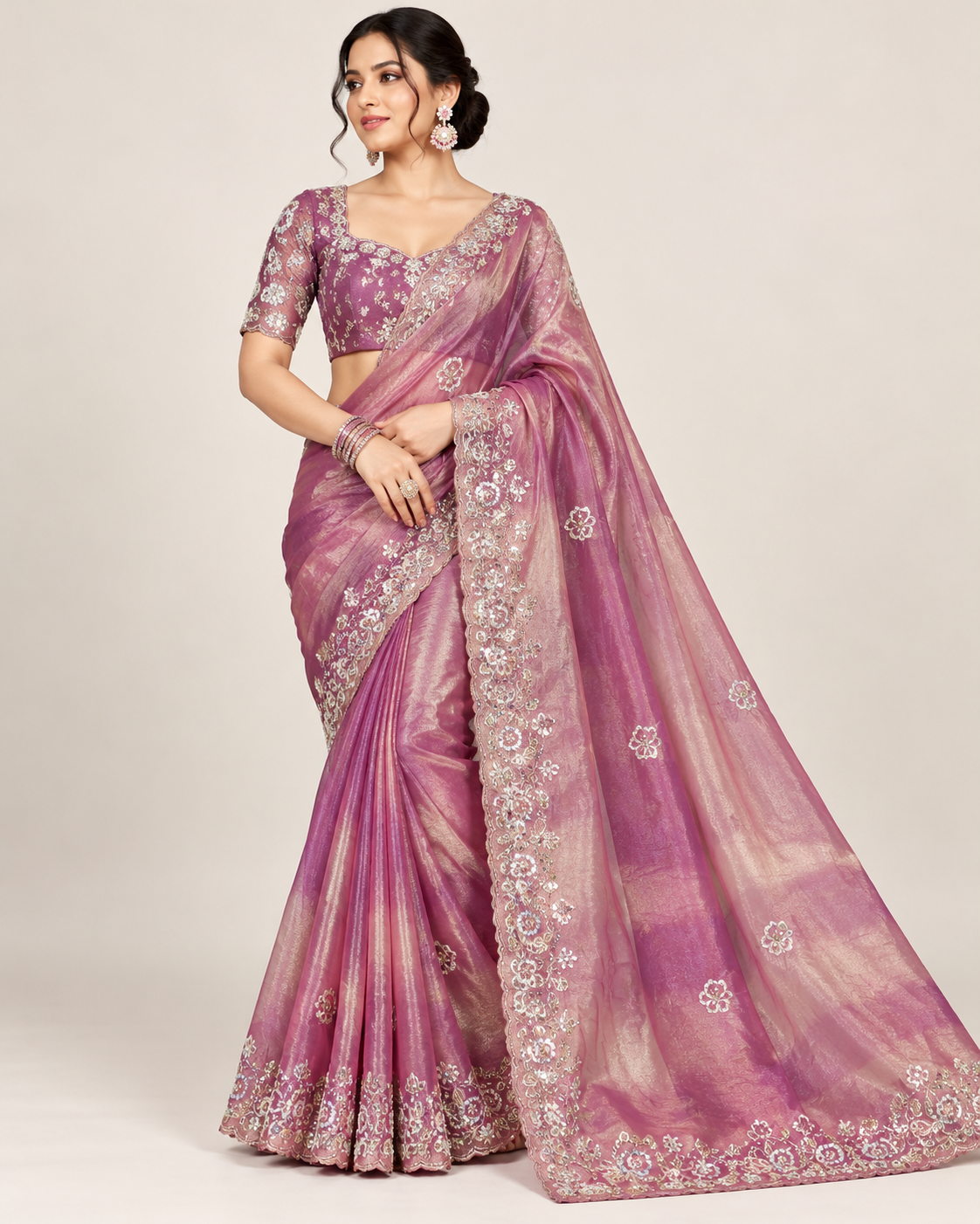 Rose Pink Embroidered Silk Saree with Matching Blouse