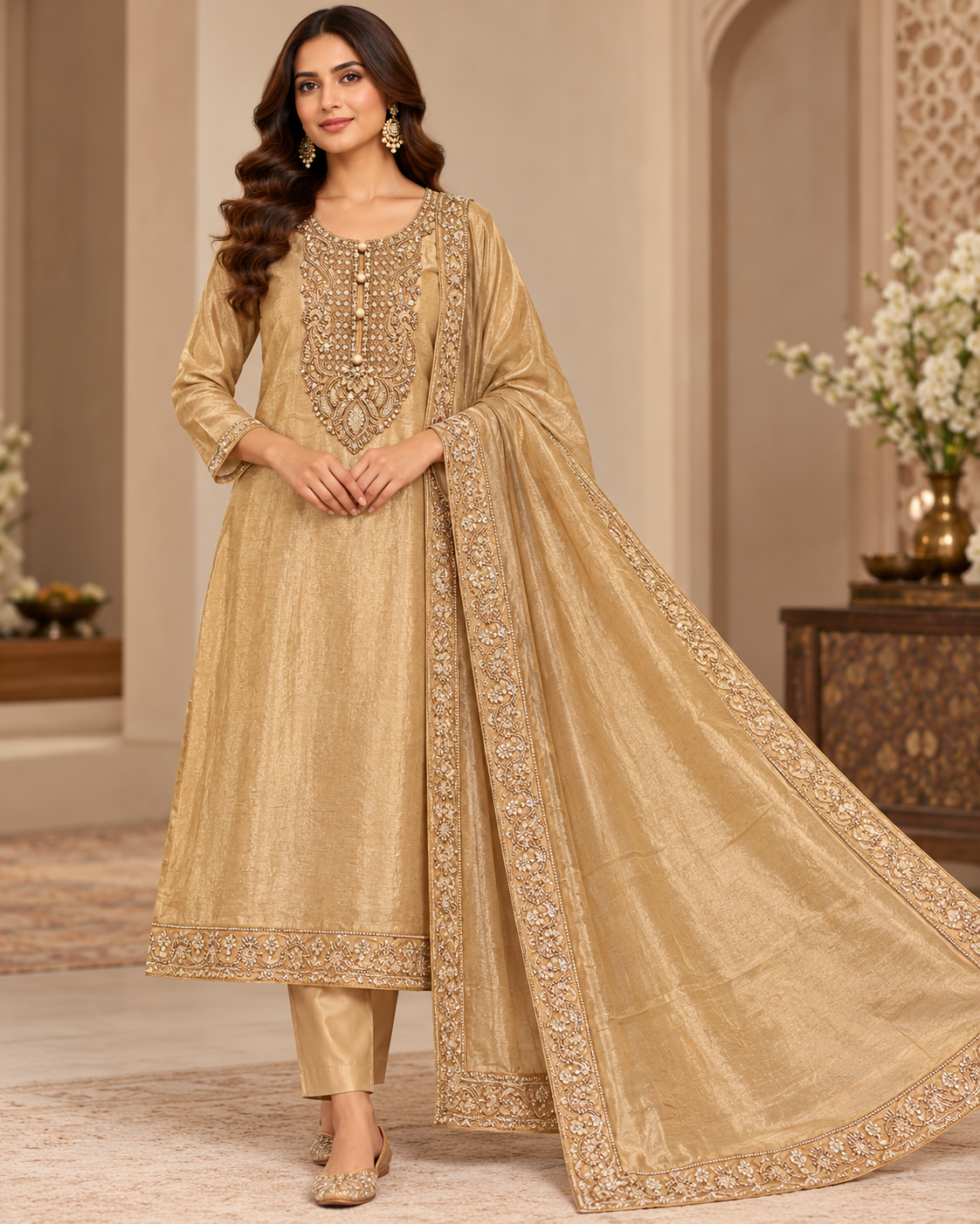 Golden Beige Embellished Salwar Suit Fabric