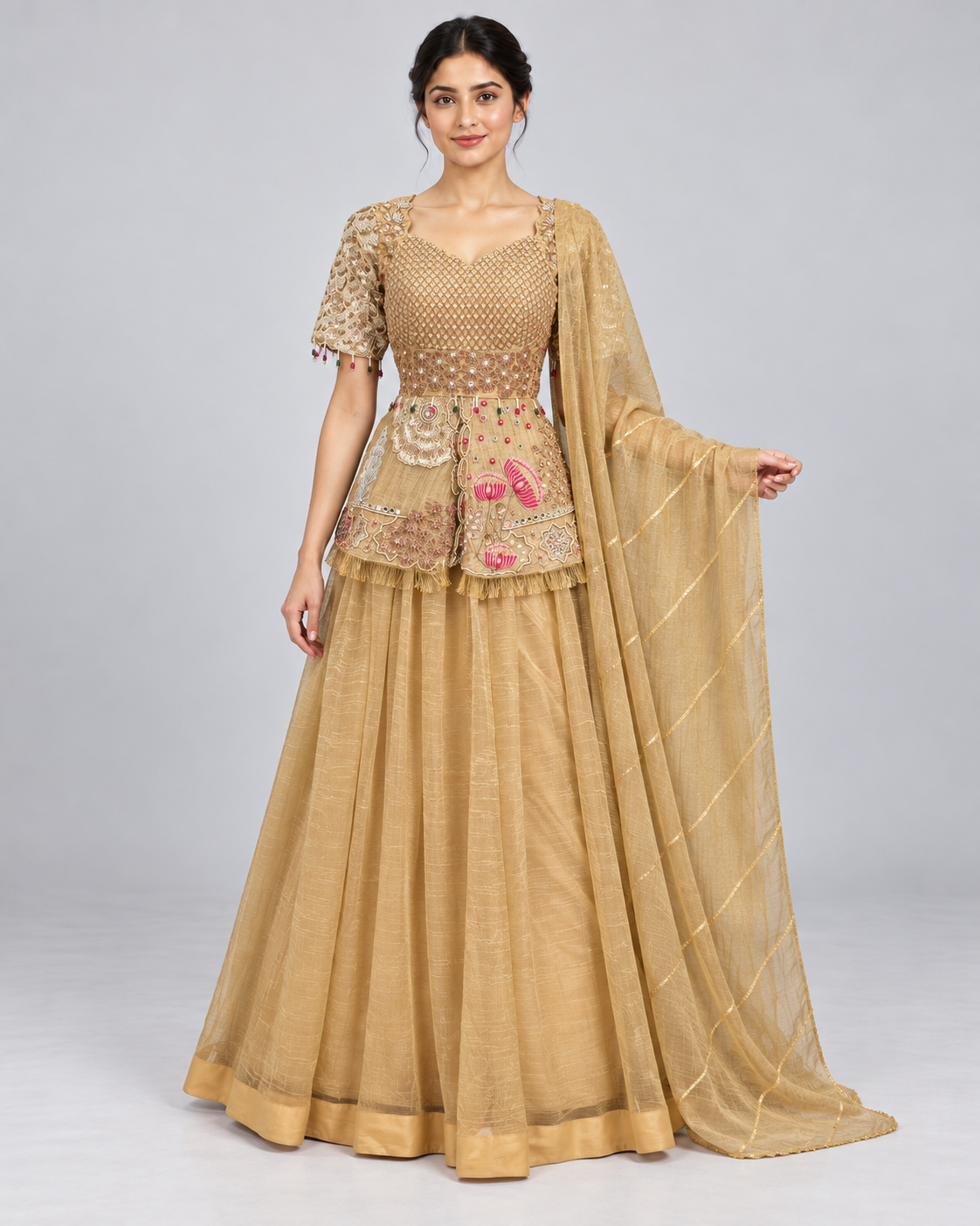 Chikoo Embroidered Peplum Lehenga Set