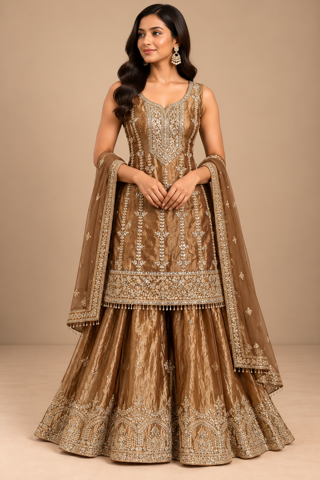 Bronze Gold Embroidered Designer Sharara Set