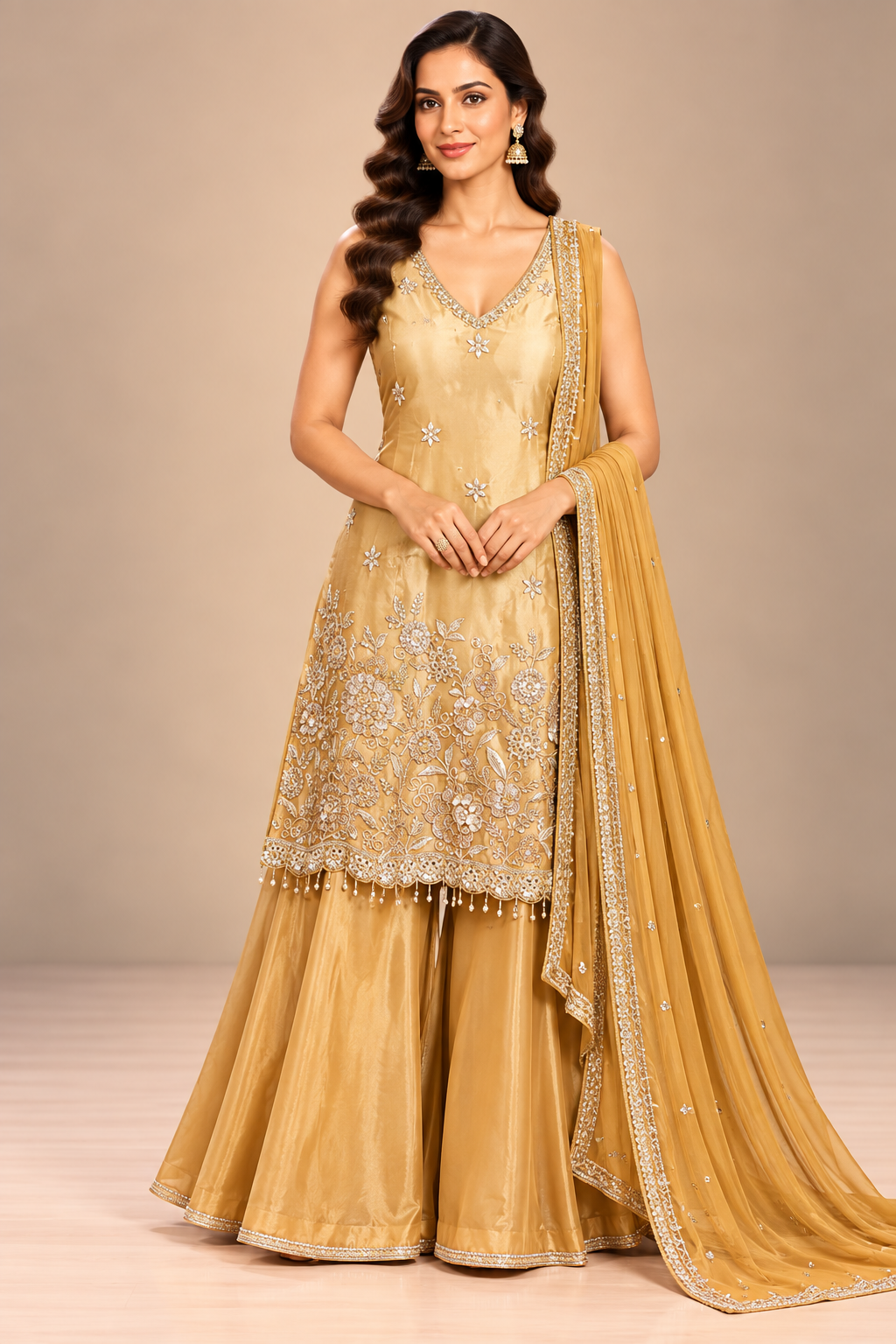 Radiant Golden Hand-Embroidered Tissue Sharara Set Main image