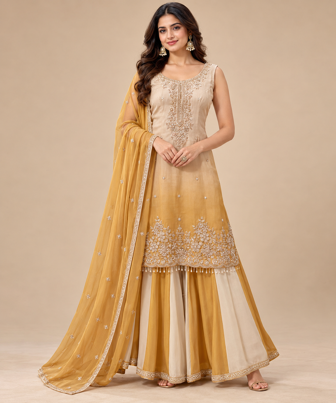 Golden Mustard & Cream Ombre Embroidered Sharara Suit Set Main image