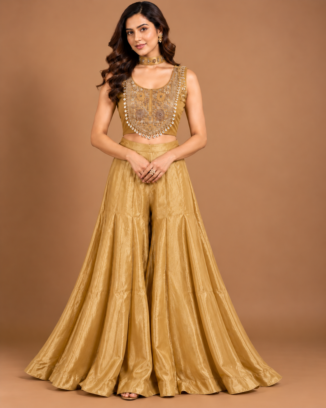 Golden Embroidered Crop Top and Flared Sharara Set