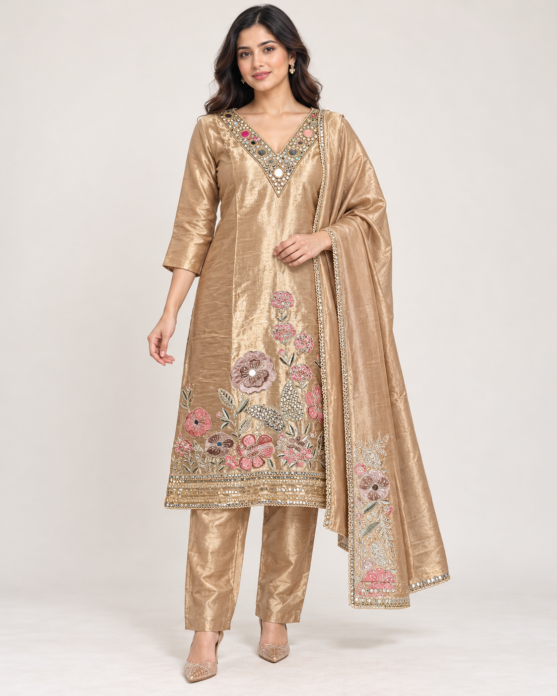 Golden Floral Mirrorwork Suit Set