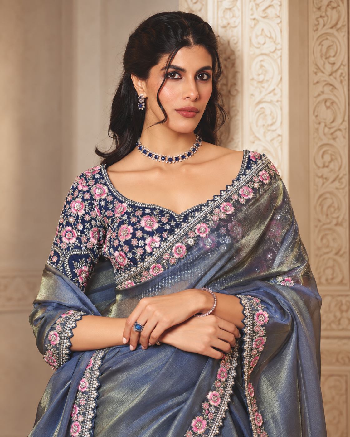 Slate Blue Saree with Floral Embroidered Border Secondary image
