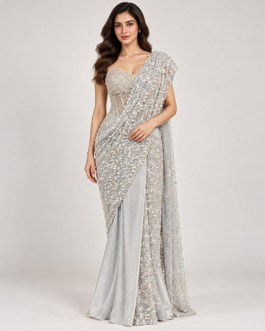 Silver Ice Heavily Embellished Pre-Draped Saree Set with Corset Blouse Main image