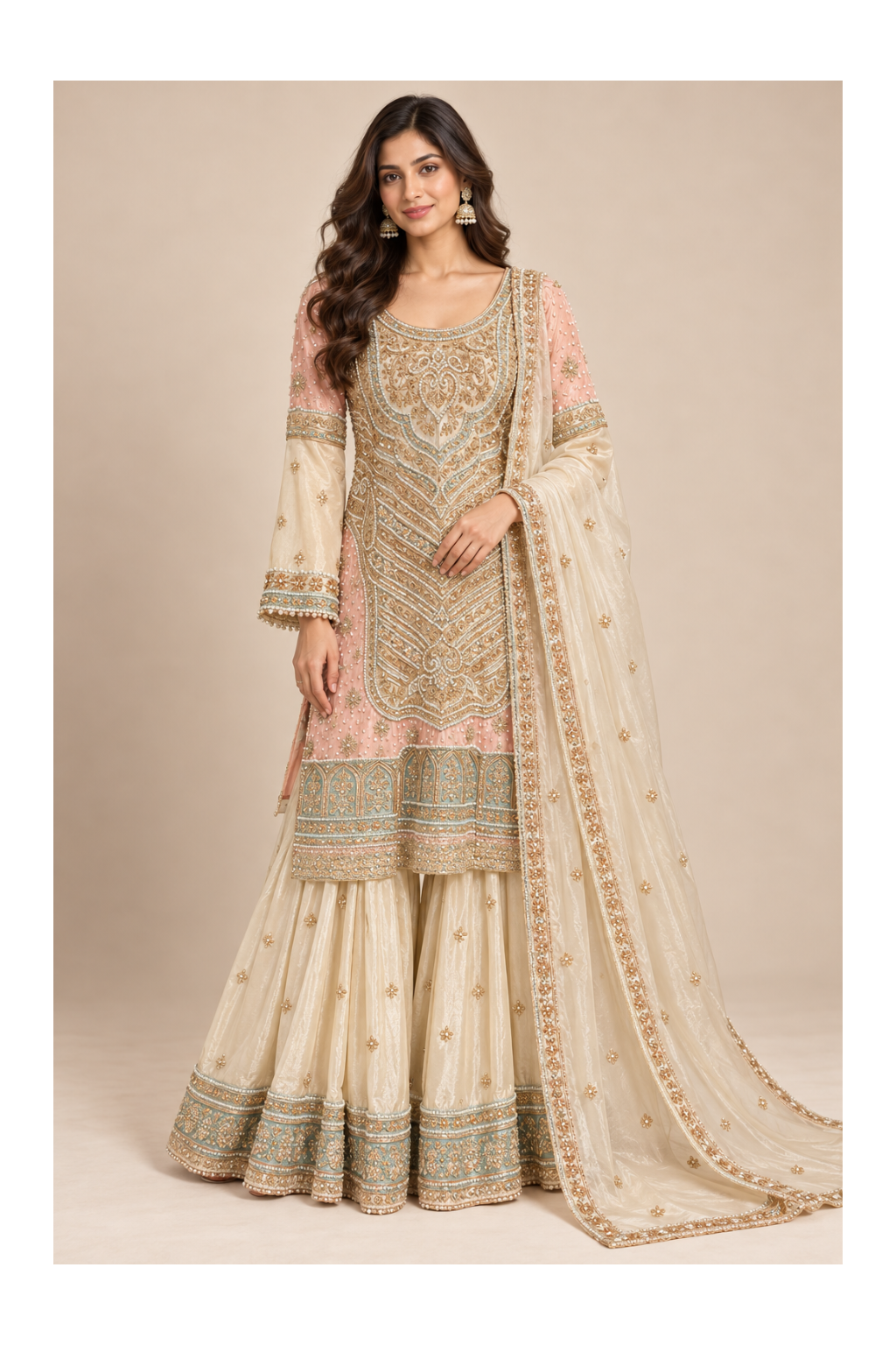 Blush-Pink &amp; Ivory-Champagne Heavily Embellished Kurti, Flared Sharara